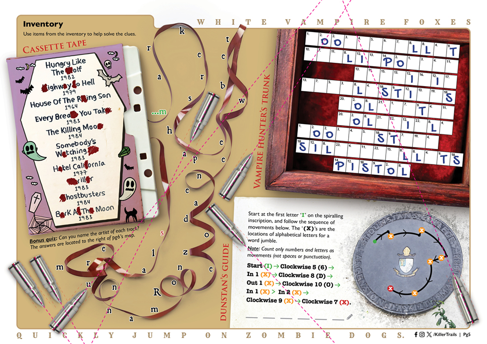 An image of page 5 showing which pangram letters the silver bullets are pointing at